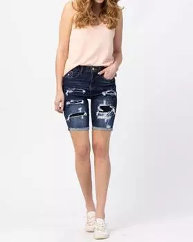 Шорты с высокой посадкой и рваными нашивками из темного денима Judy Blue, цвет dark denim