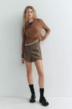Шорты с высокой талией и шлевками для пояса ZARA, коричневый/белый