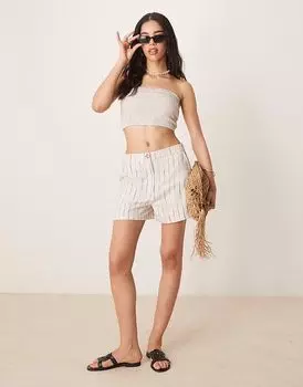 Шорты свободного кроя ASOS DESIGN для папы с добавлением льна натурального цвета с волнистой полоской