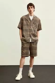 Шорты свободного кроя из смесового льна H&amp;M, темно-бежевый/клетка