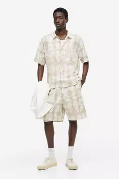 Шорты свободного кроя из смесового льна H&M, бежевый/белый с рисунком