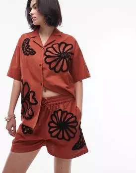 Шорты Topshop Co Ord Flocked Floral Pull, кирпично-красный