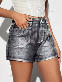 Шорты узкие джинсовые Shein Bae с высокой талией, серебристый