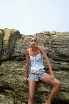 Шорты в клетку гингем с завязками ZARA, темно-синий
