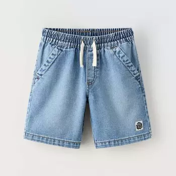 Шорты Zara Denim Bermuda With Drawstrings And Label, синий