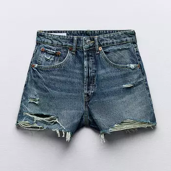 Шорты Zara TRF High-Waist Denim Ripped, темно-синий