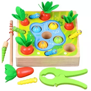 Штабелируемая деревянная фермерская игрушка + удочка с магнитом и щипцами для овощей MINEXO