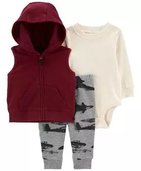Штаны-самолет, боди и жилет с капюшоном для маленьких мальчиков, комплект из 3 предметов Carter's, мультиколор