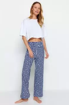 Штаны Trendyol в полоску трикотажные с принтом сердечки, темно-синий