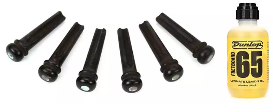 Штифты Taylor Ebony Bridge Pins с пакетом Abalone Dots с лимонным маслом Dunlop 6554 - 4 унции. Бутылка Taylor + Dunlop 7251=1 6554=1