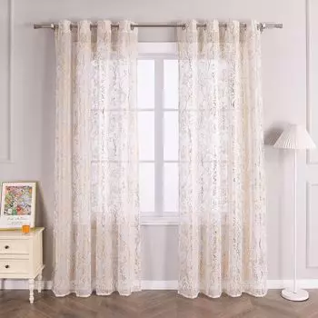 Шторы Joyswahl с люверсами Вуали с принтом блестящих ветвей Прозрачные шторы с люверсами Спальня Гостиная В x Ш 245 x 140 см Золото 1 шт.