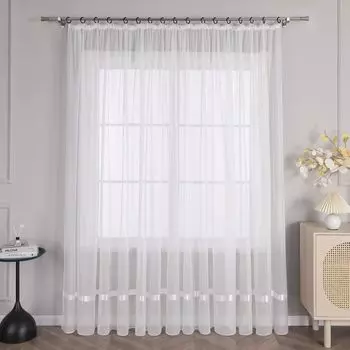Шторы Joyswahl, вуаль с рюшами и лентой, прозрачная, однотонная, белая, В x Ш 245 x 450 см, 1 шт., белый
