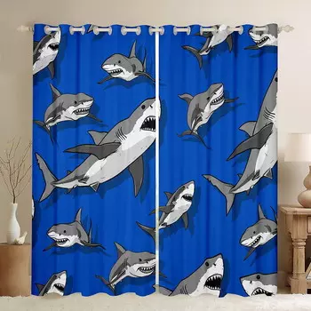 Шторы плотные с изображением акулы Yst, сине-белый