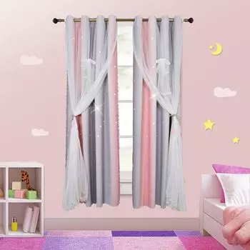 Шторы Плотные шторы со звездами, красочные двухслойные оконные шторы с полыми полосками, 1 панель (52 x 84 дюйма, фиолетовые) ele eleoption, розовый