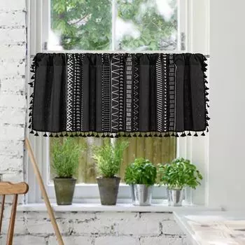 Шторы в стиле бохо с короткими кисточками, полупрозрачные шторы-бистро, кухонная штанга, карманная панель, 1 шт., 60 x 100 см Qelus, черный