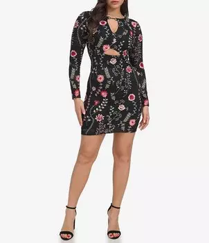 SIENA Эластичное кружевное платье с цветочной вышивкой и вырезом в виде замочной скважины и длинными рукавами, цветочный