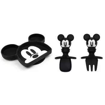Силиконовая детская тарелка с Микки Маусом Disney, набор посуды с присоской: блюдо, ложка и вилка для самостоятельного кормления малышей (1 шт.) Bumkins