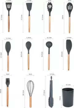Силиконовый набор кухонной утвари с деревянной ручкой, кухонные принадлежности Hameb, светло-серый