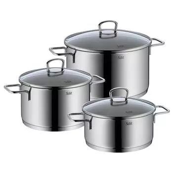 Silit Alicante Набор кастрюль из 3 предметов, кастрюли со стеклянными крышками, индукционные кастрюли, полированная нержавеющая сталь, индукционная кастрюля, без покрытия, можно использовать в духовке, серебро