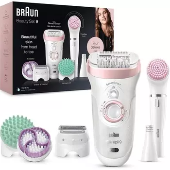 Silk-?Pil 9 Beauty Set Удаление волос с помощью эпилятора Sensosmart Эпилятор для лица Щетка для очищения лица Женская бритва Триммер Отшелушивающий головка Влажная сухая Беспроводная связь 9-995 Белый Розовый, Braun