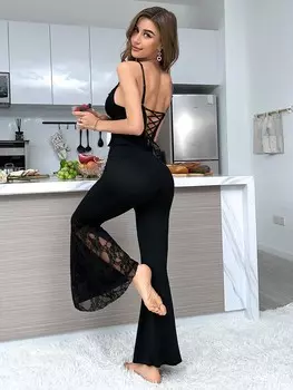 Silky Spell Сексуальный кружевной лоскутный Комплект слинга и пижамы с открытой спиной Shein, черный