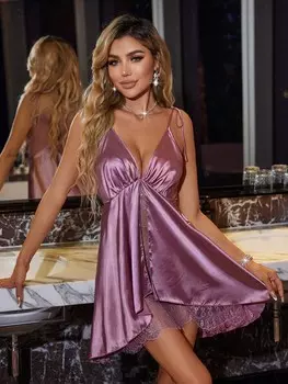 Silky Spell Женская пижама без рукавов, украшенная кружевом, атласная, с бретелями Shein, пастельно-розовый