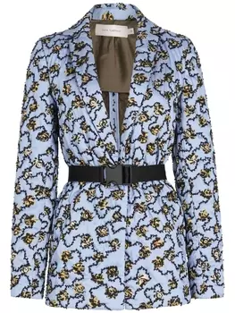 Silvia Tcherassi блейзер с цветочной вышивкой и поясом, синий