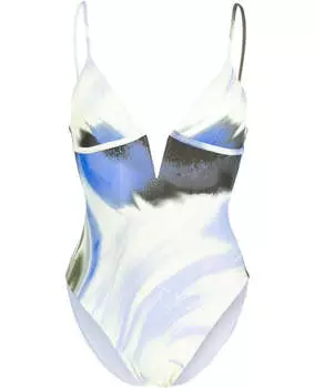 Simkhai Женский цельный купальник Maelle V-образный вырез Push On Marina Blue Print, синий