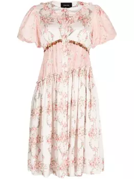 Simone Rocha платье миди с объемными рукавами и цветочным принтом, розовый