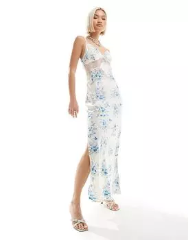 Сине-кремовое платье макси с атласным цветочным принтом Emory Park
