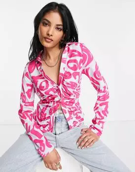 Сине-розовая рубашка с абстрактным алфавитным принтом и сборками ASOS DESIGN