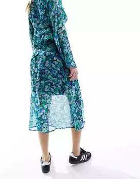 Сине-зеленая юбка миди из струящейся сетки с размытым цветочным принтом Wednesday's Girl