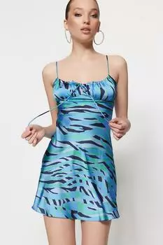 Сине-зеленое атласное вечернее платье с животным узором на подкладке Trendyol, разноцветный