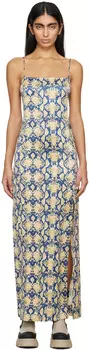 Сине-желтое платье макси со змеиным узором Ganni
