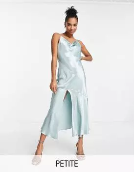 Синее атласное платье-комбинация с завязками на спине Topshop Petite bridesmaid