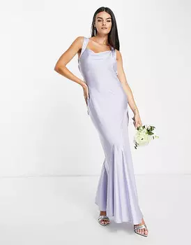 Синее атласное платье макси с асимметричным бантом на спине ASOS DESIGN Bridesmaid