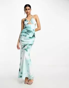 Синее атласное платье макси с вырезом и грудью ASOS DESIGN