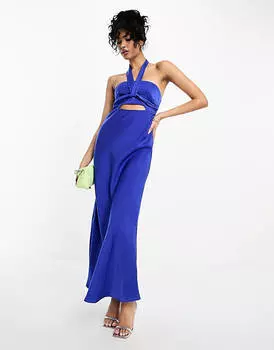 Синее атласное платье макси с вырезом халтер и вырезом спереди ASOS DESIGN