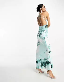 Синее атласное платье макси с вырезом и грудью ASOS DESIGN