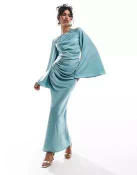 Синее атласное платье макси со сборками и длинными рукавами ASOS DESIGN