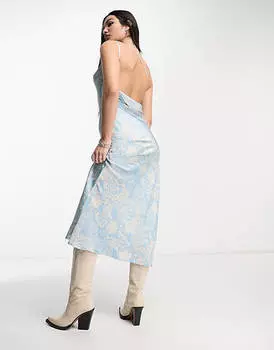 Синее атласное платье миди на одно плечо с принтом пейсли Emory Park