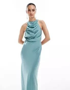 Синее атласное платье миди с драпированным лифом ASOS DESIGN