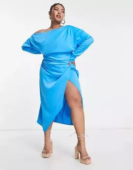 Синее атласное платье миди с открытыми плечами и защипами ASOS DESIGN Curve