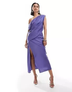 Синее атласное платье миди с открытыми плечами и разрезом ASOS DESIGN