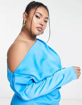Синее атласное платье миди с открытыми плечами и защипами ASOS DESIGN Curve