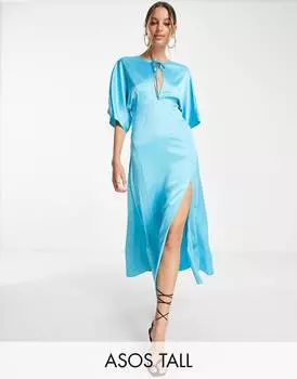 Синее атласное платье миди со вставками и вырезом \"капля\" ASOS DESIGN Tall