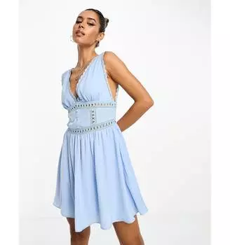 Синее атласное платье мини с кружевными вставками ASOS DESIGN