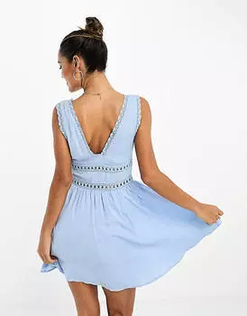 Синее атласное платье мини с кружевными вставками ASOS DESIGN