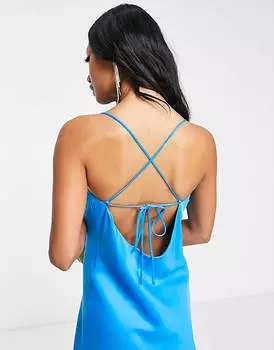 Синее атласное платье мини с воротником-хомутом и завязками на спине Mango