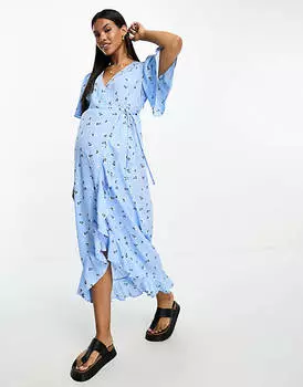 Синее чайное платье макси с запахом спереди для беременных Vero Moda с цветочным принтом